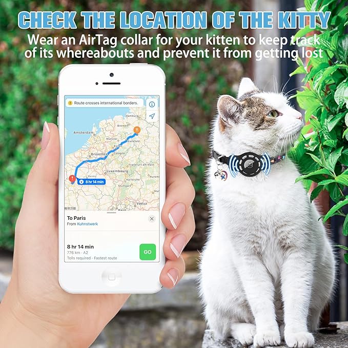 BINGPET AirTag Cat Collar with Bells, Upgraded Safety Elastic Cat Collar with Airtag Cat Collar Holder, Anti-Lost Cat Collars for Girl Boy Cats, Anti-Suffocation Kitty Puppy Collars