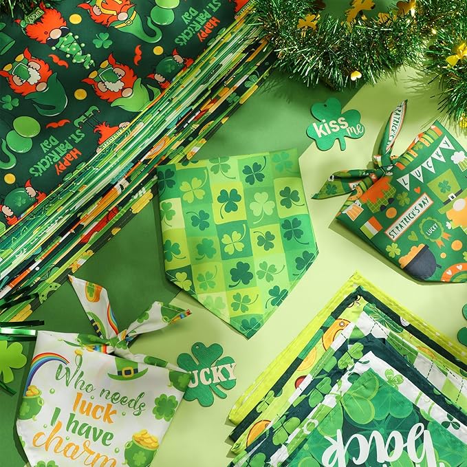 Chunful 50 Pcs St. Patrick's Day Dog Bandanas Bulk with Sayings Dog Bandanas Triangle Scarf Puppy Bibs Pet Costume Adjustable Cat Outfit Washable Bids Kerchief for Small Medium Pet