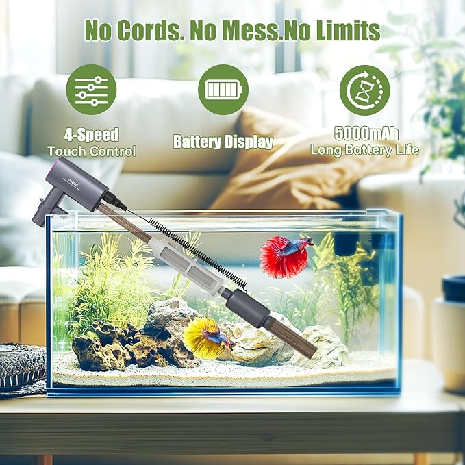 Cordless Aquarium Gravel Cleaner Vacuum: 6-in-1 Electric Fish Tank Cleaner, Rechargeable & Strong Suction Automatic Water Changer, Touch Control, Fits 5–150 Gallon Tanks