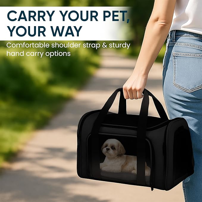 Pet Travel Carrier Bag – Airline Approved Soft-Sided Dog & Cat Carrier, Foldable, Breathable Mesh, Washable Pad – Fits Pets up to 15 lbs – The Pup Quartet (Black)