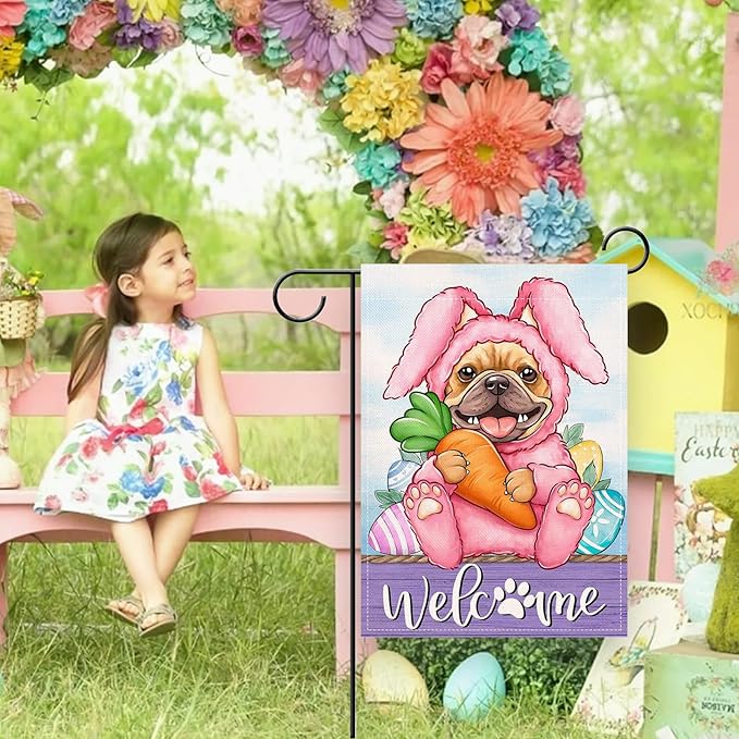 Artofy Welcome Easter Bunny Dog Small Decorative Garden Flag, French Bulldog Rabbit Yard Lawn Outside Decor Pet Lover Gift, Spring Carrot Egg Farm Burlap Outdoor Home Decoration Double Sided 12 x 18