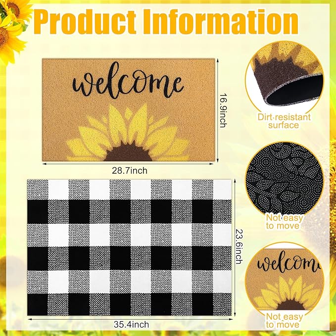 Tinideya 2 Pcs Summer Door Mat Sunflower Welcome Non Slip Coir Mats Floral Buffalo Plaid Floor Layering Doormats for Home Front Door Porch Entryway Decor
