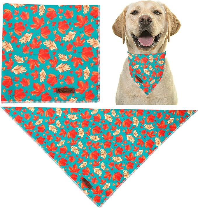 Fall Dog Bandana – Green Maple Leaf Triangle Scarf for Small Medium Large Dogs, Soft Cotton Pet Bib for Autumn Thanksgiving, Adjustable Dog Kerchief for Seasonal Outings