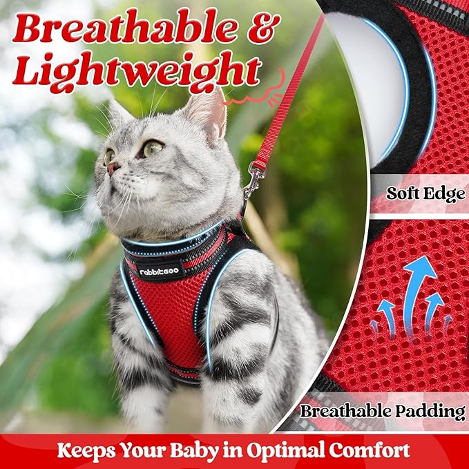 rabbitgoo Cat Harness and Leash Set for Walking Escape Proof, Adjustable Soft Kittens Vest with Reflective Strip for Cats, Comfortable Outdoor Vest, Red, M