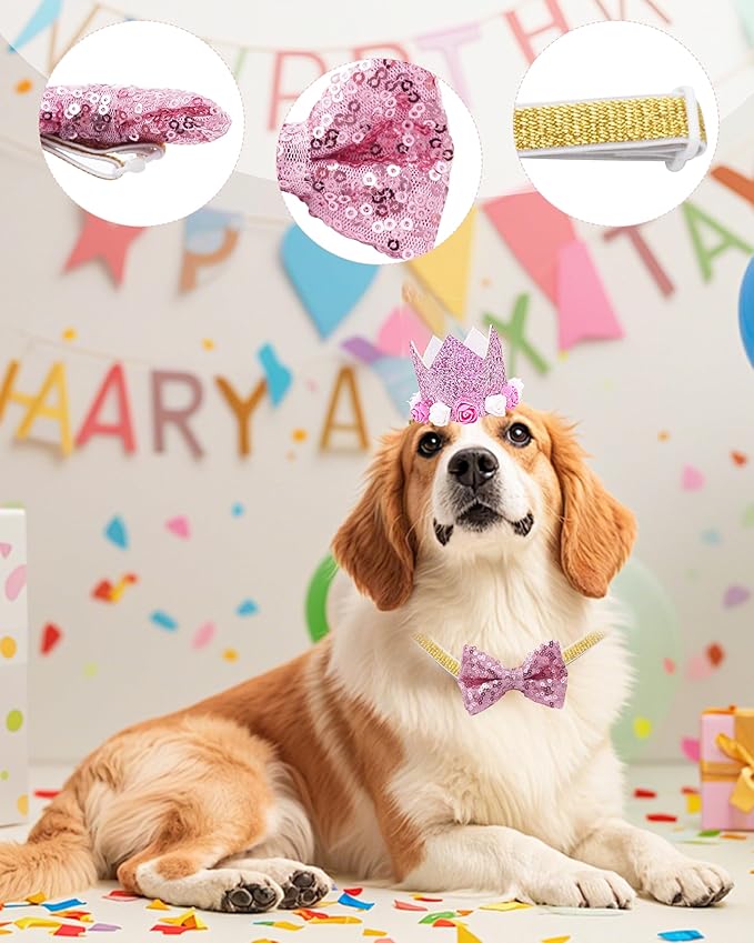 PET SHOW Pink Floral Hat, Bandana & Collar Bows Charms Set - Dog, Cat, Rabbit, Pig Birthday Gift - Reusable Adjustable Hat with 0-9 Figures, Pink for Girls - Apparel