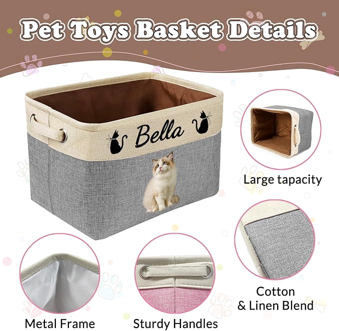 Personalized Dog Cat Toy Storage Basket with Photo & Name, Custom Collapsible Pet Organizer Bin with Handles for Toys, Clothes, Blankets & Pet Supplies