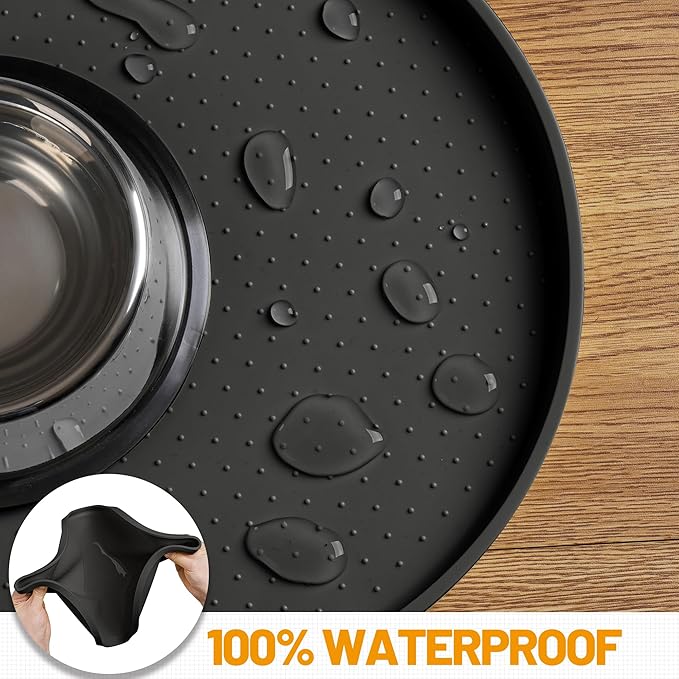 Hubulk 100% Waterproof Silicone Pet Feeding Mat with Raised Edge for Food and Water, Dog Bowl Mats, Cat Bowls Placemat with High Lip Protects Floor for Cats and Dogs (Black, 32" L x 24" W)