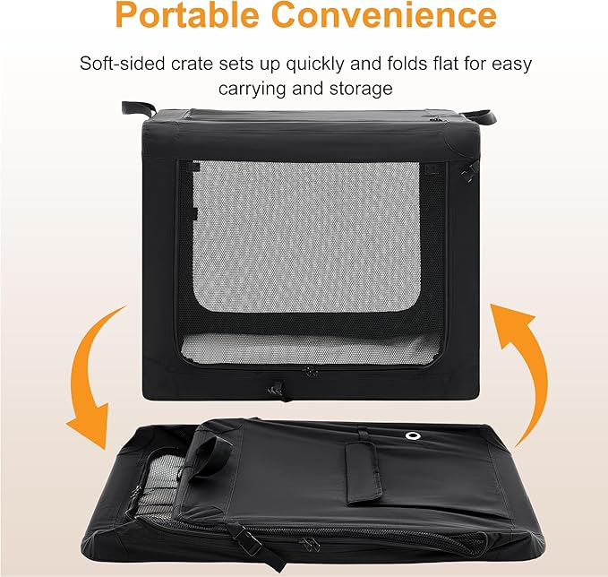 Dog Travel Crate 42 Inch, Portable Soft-Sided Travel Carriers for Dogs and Cats, Foldable Pet Kennel with 3-Doors Mesh Windows Indoor & Outdoor, Black