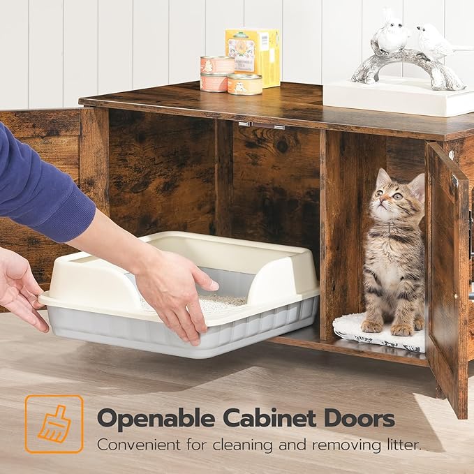 HOOBRO Litter Box Enclosure, Cat Litter Box Furniture with Removable Divider, Large Hidden Litter Box Furniture, Wooden Cat House, End Side Table, 31" L x 17.5" W x 19.7" H Rustic Brown BF03MW01G2