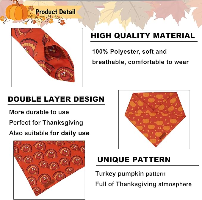 ADOGGYGO Thanksgiving Dog Bandanas 2 Pack, Reversible Pumpkin Turkey Pet Scarf, Premium Fabric, Adjustable Fit Orange Thanksgiving Bandanas for Medium Large Dogs (Large)
