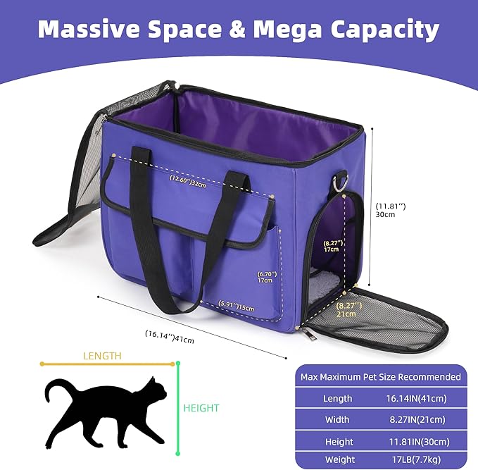 Cat & Dog Carrier for Pets Up to 15 Lbs, Airline Approved Soft-Sided Collapsible Pet Carrier for Cats & Dogs, Cat Carrier with Breathable Mesh, Padded Interior – Ideal for Car Rides, Daily Use(purple)