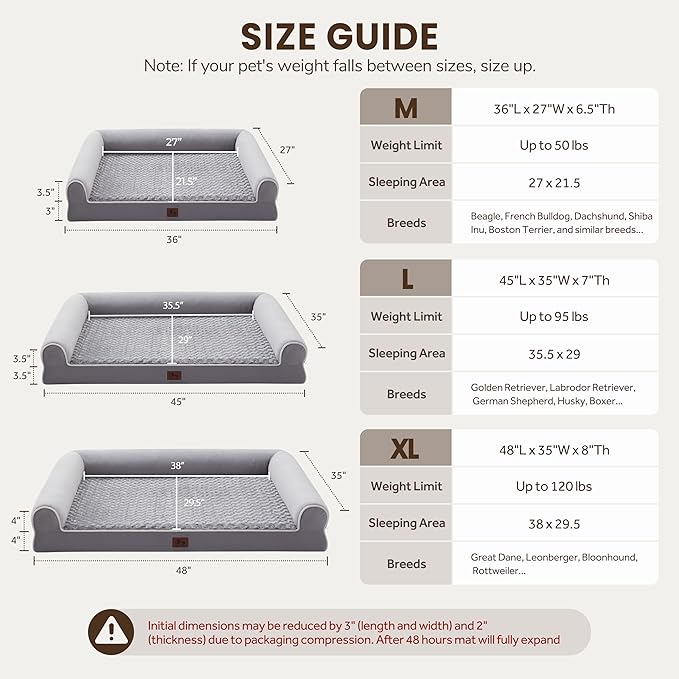 Large Dog Beds Large Sized Dogs 45x35x7 Inch, Orthopedic XXL XL Dog Bed for Medium Size Dogs, Big Waterproof Couch Sofa with Removable Washable Cover for Pet, Light Grey