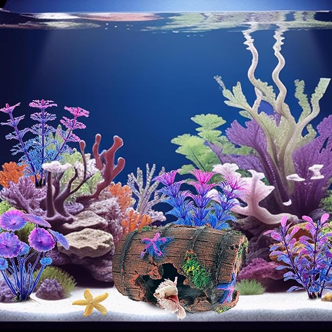 Fish Tank Decoration for Aquarium Tank, Betta Fish Tank Accessories Starfish Barrel x 1pc, Aquarrium Decor Aquatic Plants x 4pcs, Aquarium Decor Starfish x 1pcs.