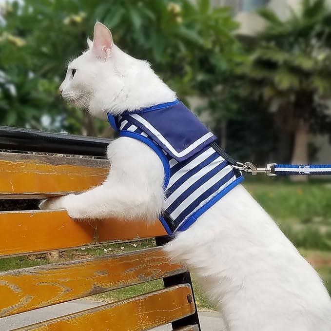 Cat Harness and Leash for Walking Escape Proof, Adjustable Cat Vest Harness, Padded Stylish Cat Walking Jackets, Sailor Suit Navy, Extra Large