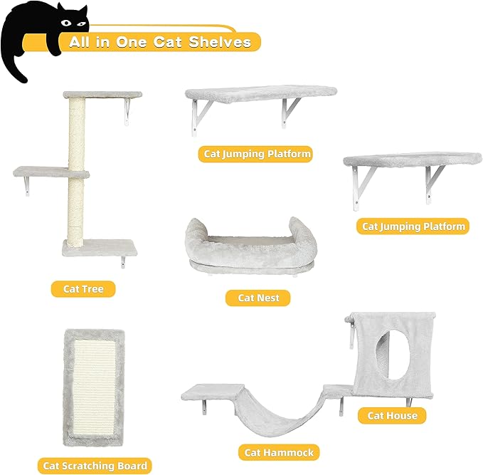 NUNU LAB Wall Mounted Cat Climber Set, 6 Pcs Cat Furniture Set with House, Bridge, Steps, Scratcher Board and Hammock, Shelves for Indoor, Luxury Walls Furniture(Gray)