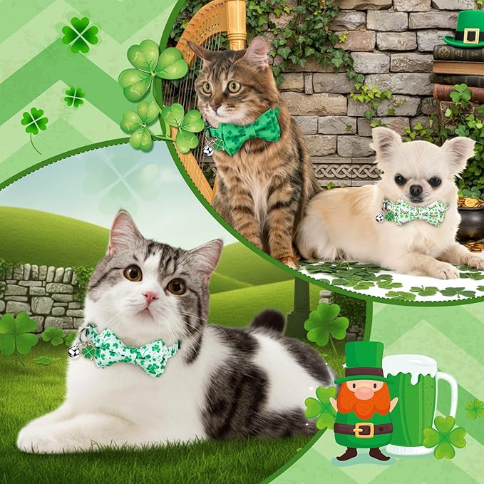 Hsei 6 Pcs St. Patrick's Day Cat Collar Bulk with Bow Tie Bell Irish Lucky Shamrocks Clover Green Hats Rainbows Kitten Adjustable Breakaway Bowtie Collar for Cats Small Dog Holiday Party Favors Gifts