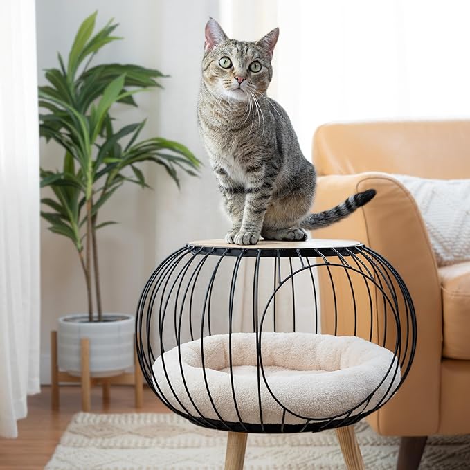 Kitty City Modern Cat Bed with Wooden Side Table, Elevated Indoor Cat Lounge Furniture with Removable Sherpa Cushion, Stylish Cat Bed for Home Décor