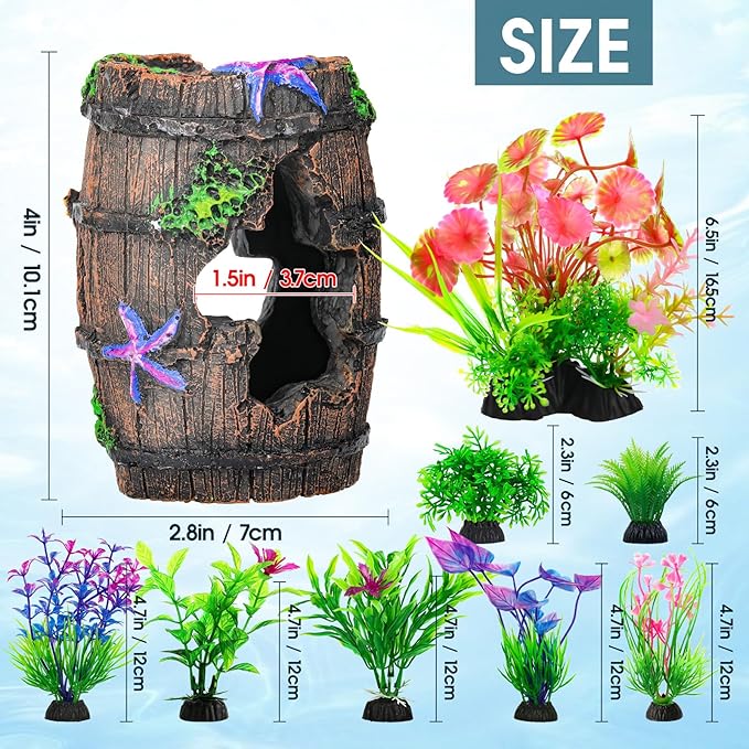 CousDUoBe Fish Broken Barrel Decor Fish Tank Decorations Betta Fish Tank Accessories,Starfish Barrel x 1pc, Aquarium Plants x 8pcs