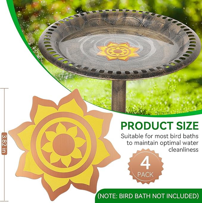 Saillong 4 Pack Bird Bath Copper Disk, Reinforced 99.99% Pure Copper Bird Bath Purification Disk for Physical Clean Water, Birdbaths Cleaner for Outdoor Birdbaths, Bowl and Garden Fountain (Petal)