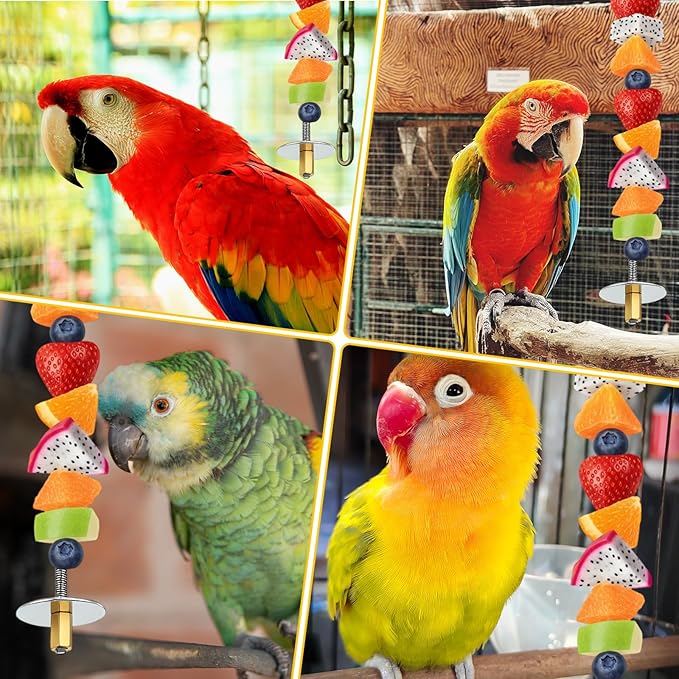 2PCS Bird Cage Food Holder with Hook, Parrot Fruit Vegetable Skewer, Stainless Steel Bird Feeder for Cages, Hanging Foraging Toy, Birds Cage Feeder Foraging Toy for Macaw Parakeet Parrot Budgie