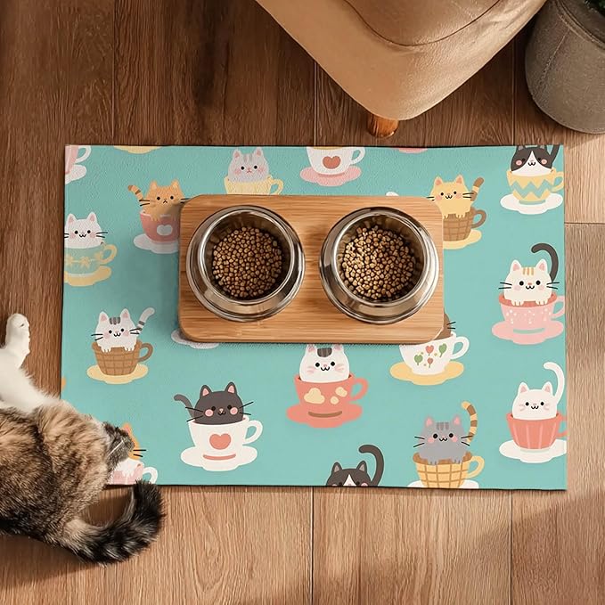 Cat Feeding Mat 24x16 inch Teacup Kitten Print Pet Bowl Placemat Non Slip Floor Mat for Food and Water Indoor Kitty Feeding Station Cute Meal Pad for Small Pets Kitchen Use