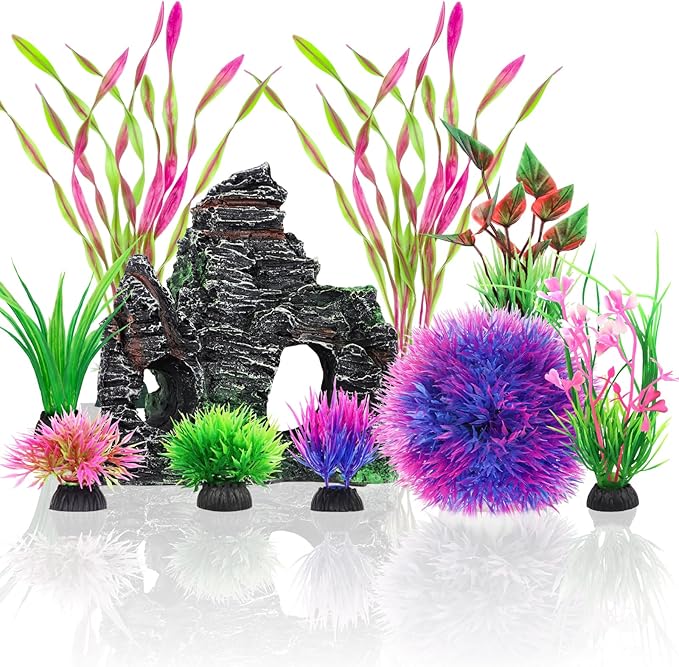 10pcs Aquarium Artificial Plastic Plants Decorations and Rock Cave Decor Set, Fish Tank Accessories Small Large Fish Bowl Ornaments Set