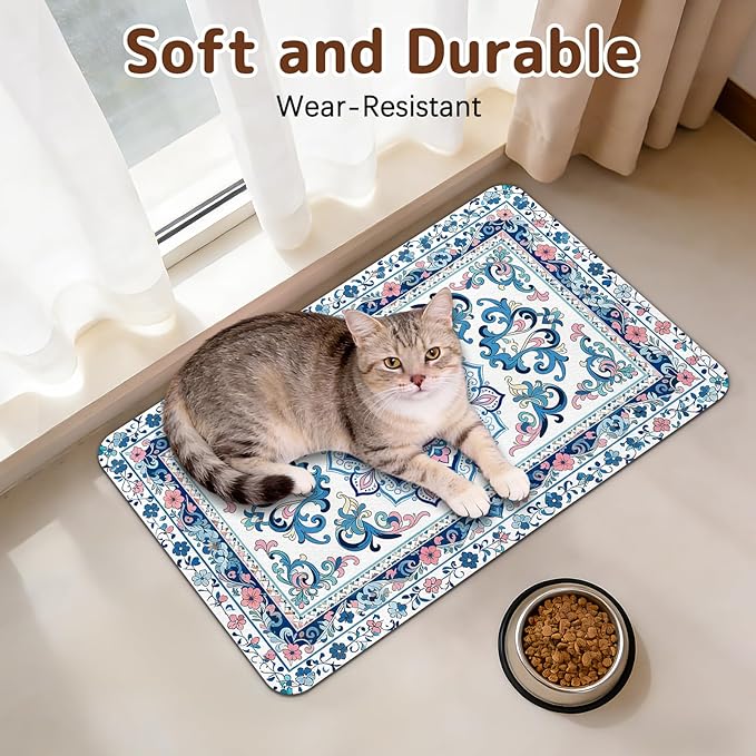 Dog Food Mat for Bowls, Absorbent Quick Dry Dog Cat Mats for Food and Water, Non-Slip Backing Pet Mat Pet Supplies - Blue Vintage Floral Pattern