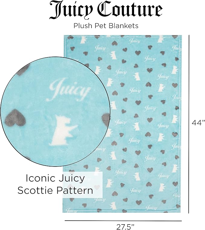 Juicy Couture Plush Flannel Pet Throw Blanket, Turquoise Juicy Scottie Hearts