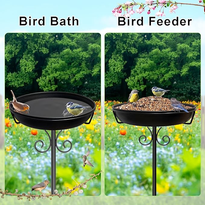 38In Freestanding Bird Bath for Outside, Detachable Birdbaths with Metal Stake, Bird Bath Feeder Bowl for Outdoors Garden Patio Yard Lawn,Sturdy Upgraded 5 Pronged Base (Black)