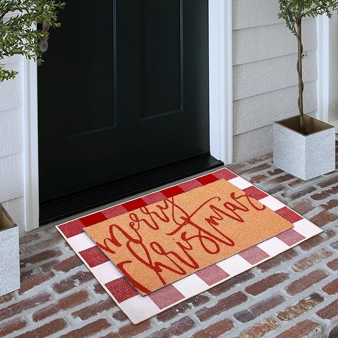 Tinideya 2 Pcs Door Mat Welcome Non Slip Coir Mats Floor Layering Doormats Seasonal for Front Porch Entryway Decor (23.6 x 35.4 Inches, Red White Plaid, Red White)
