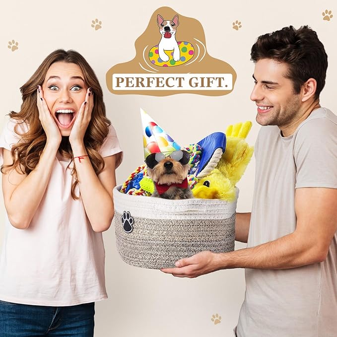 Zopeal Puppy Dog Toy Gift Storage Basket with Dog Toys Set Chew Toys Birthday Gift Basket Teething Interactive Squeaky Duck for Teething Small Medium Large Dogs(Khaki)