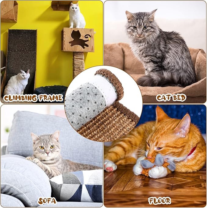 Tuanse 4 PCS Cat Scratcher Mat, 15.7 x 7.8 Inches Sisal Cat Scratching Pad, Horizontal Floor Scratching Pad Rug with Adhesive Loop Tape for Protect Couch and Carpets(Brown)