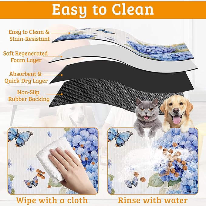 Pet Feeding Mat,Blue Hydrangea Absorbent Dog Cat Food Mat Butterfly Floral Dog Mat with Rubber Backing,Non-Slip Water Bowl Placemat,Pet Supplies 16" x 24"