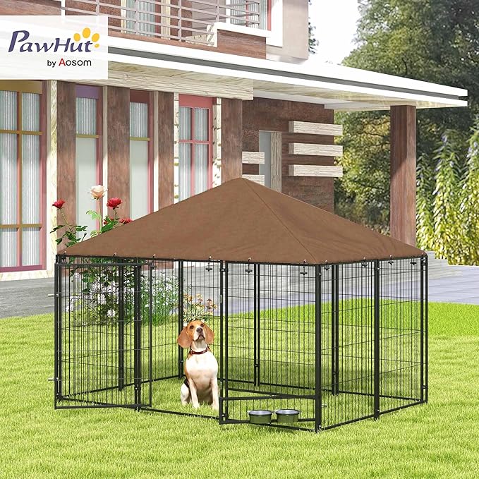 PawHut Outside Dog Kennel, 6.9' x 4.6' x 5' Puppy Play Pen with Canopy, Garden Playpen Fence Crate Enclosure Cage Rotating Bowl, for Dogs, Chickens, Ducks, Black