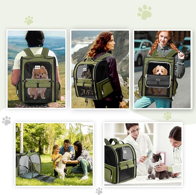 Lekebobor Large Cat Backpack Carrier Expandable Pet Carrier Backpack for Small Dogs Medium Cats Fit Up to 18 Lbs, Dog Backpack Carrier, Foldable Puppy Backpack Carrier for Travel, Hiking,Dark Green