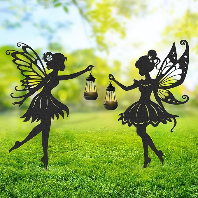 Fairy Garden Decor for Outside - 2 Pcs Metal Yard Stakes with Solar Lights Lawn Pathway Patio Backyard Decorations Statues Outdoor Silhouette Ornaments Birthday Gifts for Women Girls Mom