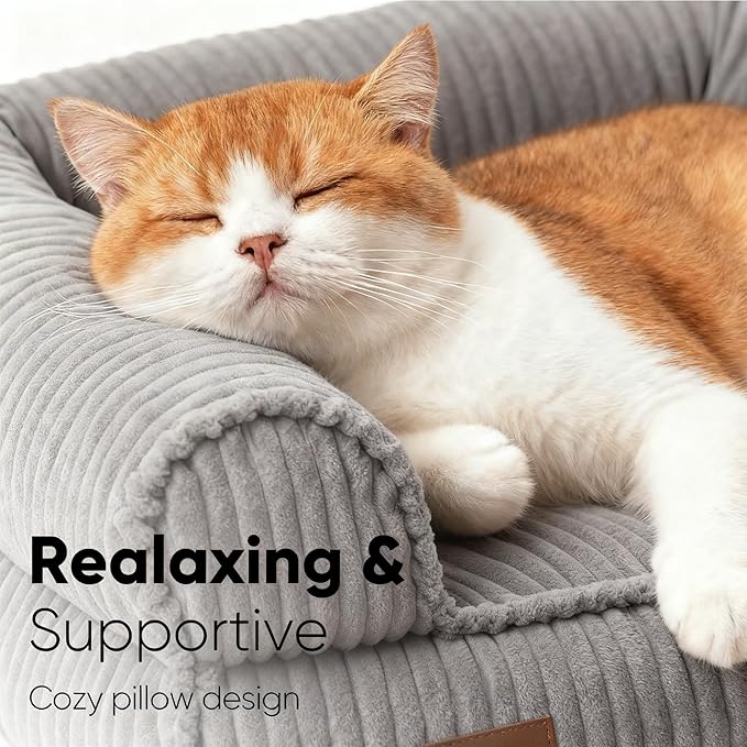 FUKUMARU Dog Couch Bed, Corduroy Cozy Cat Bed for Indoor Cats with Washable Cover, 28in Waterproof Orthopedic Dog Beds Sofa for Small Dogs and Large Cats, Cute Warm Cotton Pet Sofa, Grey