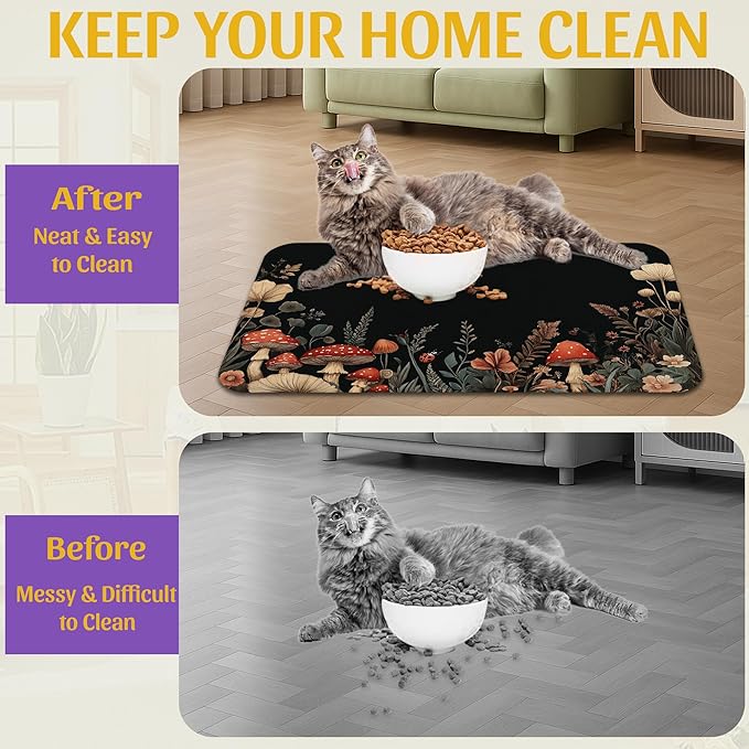 Vintage Mushroom Flower Pet Feeding Mat, Absorbent Dog Cat Bowl Pad, Fast Dry, Waterproof Rubber Back – 12x20 Inch
