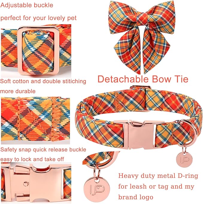 Autumn Plaid Dog Collar and Bow Tie Set – Orange Yellow Checkered Adjustable Fall Collar with Maple Leaf Charm for Small Medium Large Dogs, Soft Cotton Pet Collars with Buckle and D-Ring