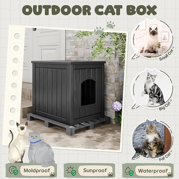 Litter Box Enclosure, Waterproof & Weatherproof Plastic Cat House for Indoor Outdoor Use, Multi-Functional Hidden Litter Box Furniture for Living Room, Backyard, Patio, Garage (Black)