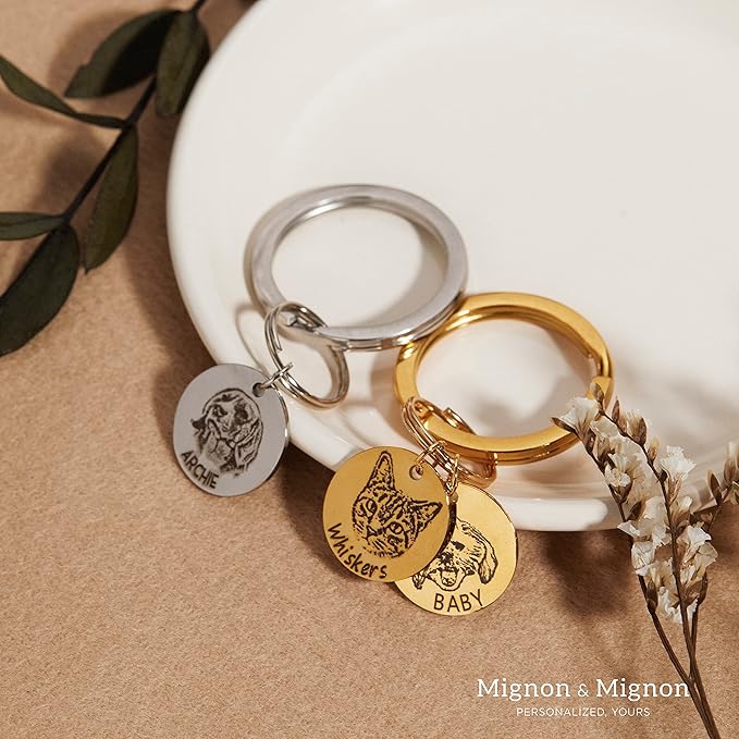 MignonandMignon Custom Pet Portrait Keychain Personalized Multiple Dog Cat Photo Engraved Memorial Christmas Gifts -LCKR-AP