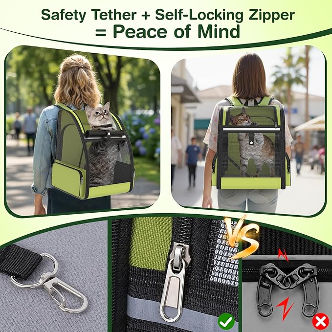Cat Backpack Carrier for Travel Hiking: Expandable Foldable Breathable Mesh Soft Sided Ergonomic Design Small Dog Puppy Kitty up to 15lbs Camping Outdoor Green