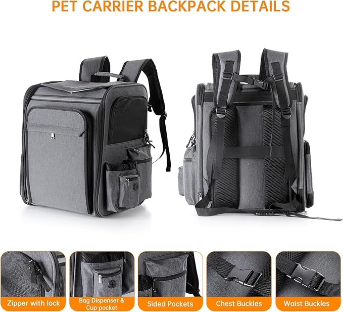 Cat Backpack Carrier,Double Side Expandable Cat Carrier Backpack,Dog Carrier Backpack for Medium Cats and Small Dogs,Puppies Up to 20 Lbs,Pets Carrier Backpack with Breathable Mesh(Grey)