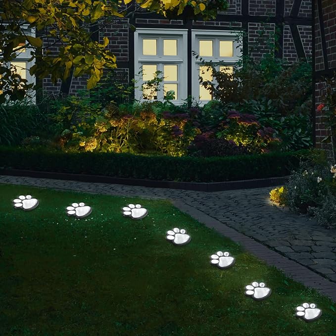 Animal Paw Print Solar Lights Outdoor Garden Decor, 4 Pack Paw Print Lights with Cord, IP55 Waterproof Yard Pathway Decor Light, Cold White Color Light, New Home Birthday Christmas Gift