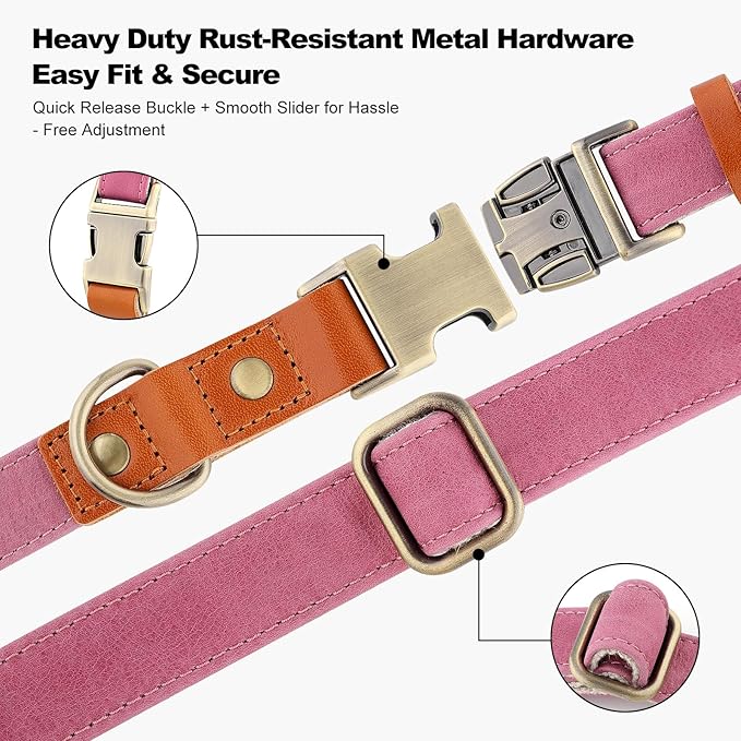 Plutus Pet Genuine Leather & Hemp Dog Collar – Adjustable Heavy Duty Pet Collar with Quick Release Metal Buckle, Soft & Stylish for Puppy and Small, Medium, Large Dogs (Pink, XS)