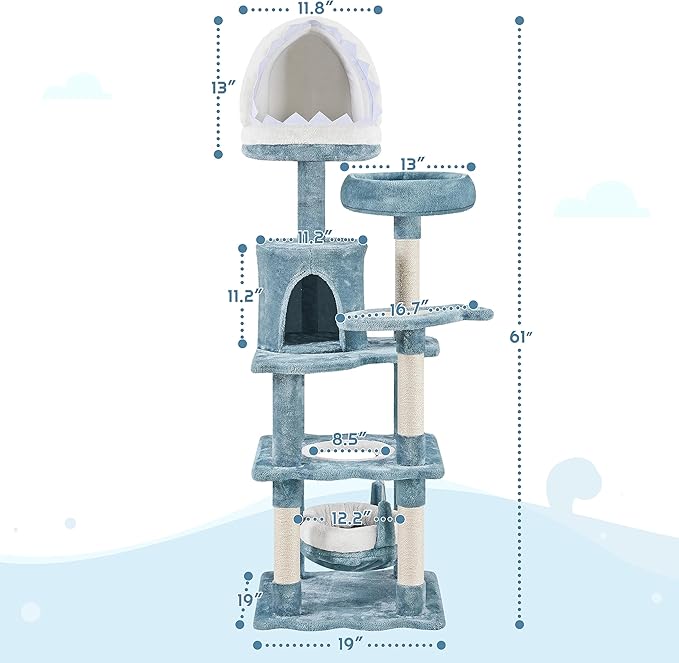Yaheetech 61in Tall Ocean-Themed Cat Tree, Multi-Level Cat Tower with Shark's Mouth-Shaped Nest, Fish-Shaped Platform, Sisal Scratching Posts, Plush Pet Bed Furniture as Kitty Activity Center
