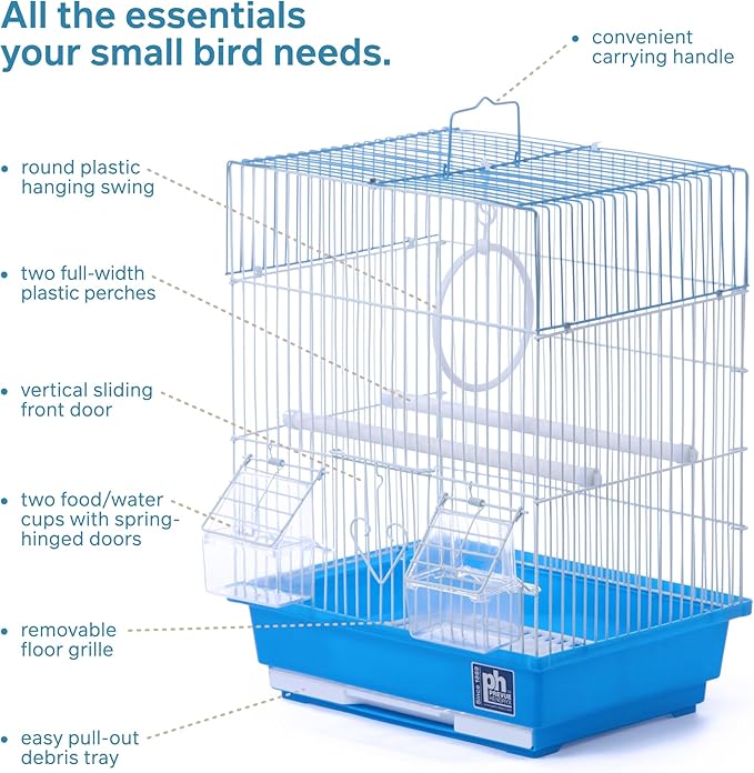 Prevue Pet Products Parakeet Square Roof Bird Cage with Handle - Carrier for Home or Travel, Small Bird Accessories, Easy Storage, for Canaries, Budgies, Finches, Parakeets, and More - Blue & White