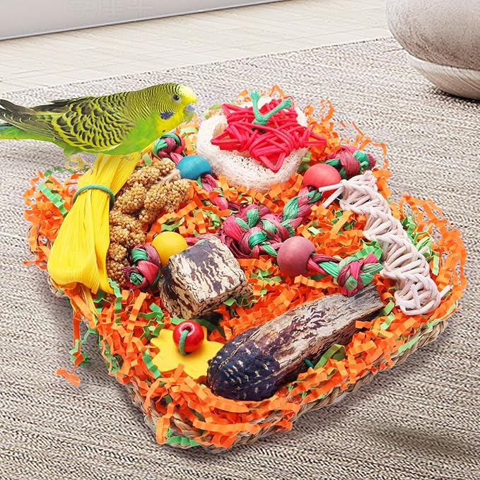 Bird Toys for Small & Medium Parrots - Natural Foraging & Shredding Cage Hanging Toys with Seagrass Mat, Starfruit, Loofah Slices for Budgies, Cockatiels, Lovebirds, Conures (2 PCS)