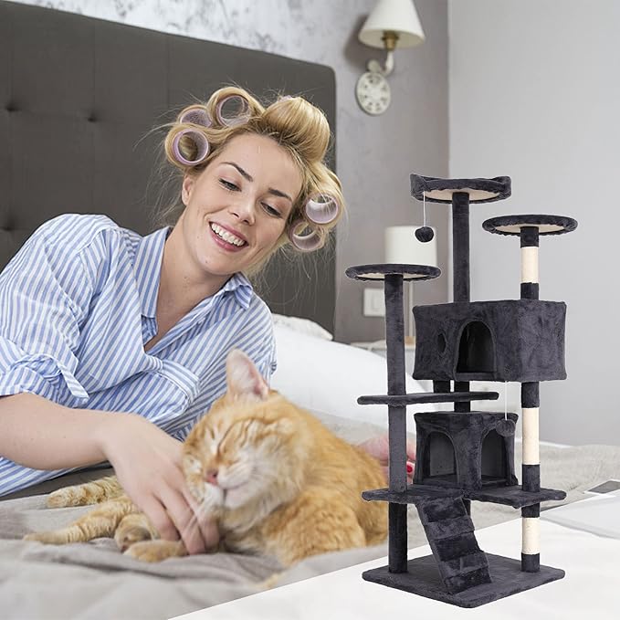 Heavy Duty Cat Tree Tower, 54" Tall Cat Tower for Indoor Cats with Cat Scratching Post with Bed, Cat Condo, Hanging Ball, Multi-Level Cat Climbing Tower Cat Trees Furniture Activity Center, Light Grey