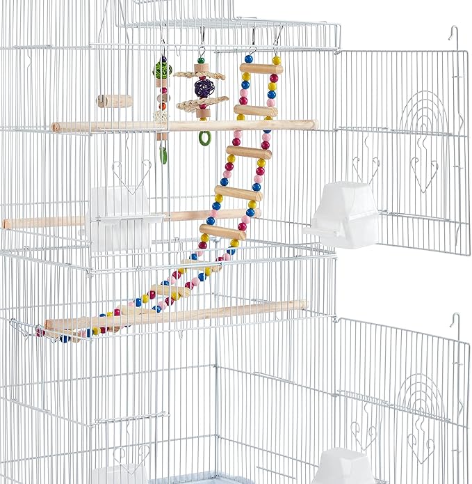 Yaheetech 62.5-inch Roof Top Flight Bird Cage for Parakeets Cockatiels Conures Finches Lovebirds Canaries Budgies Small Parrots, Large Birdcage with Detachable Rolling Stand, White